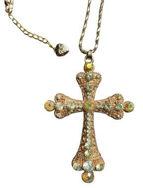 Betsey Johnson Vintage Large Gold Filigree Rhinestone Cross Pendant Necklace